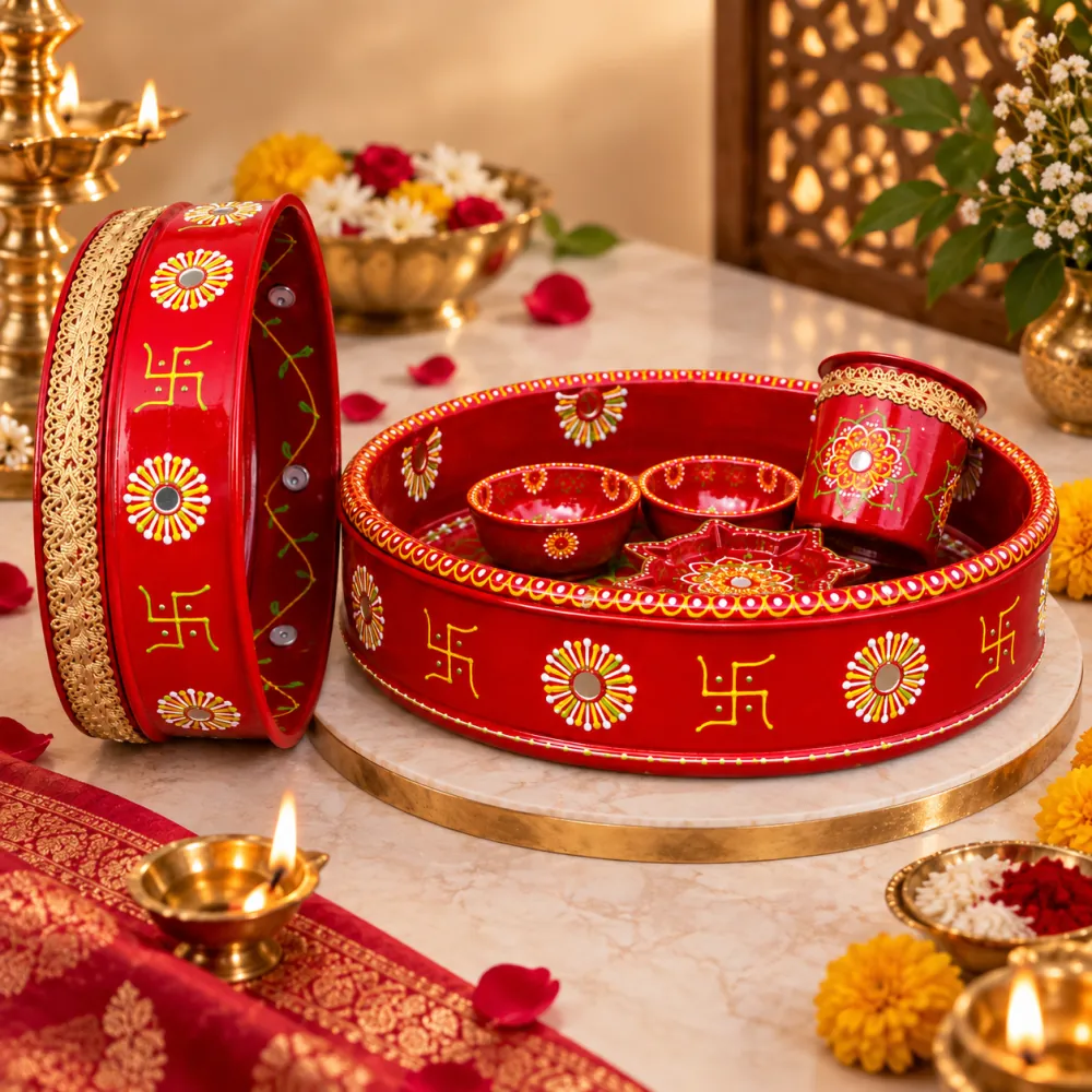Hand-Painted Red Pooja Thali Set