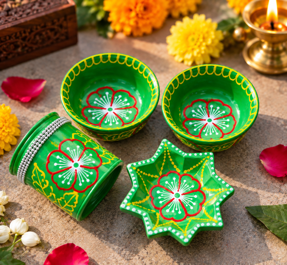 Hand-Painted Green Pooja Thali Set — view 2