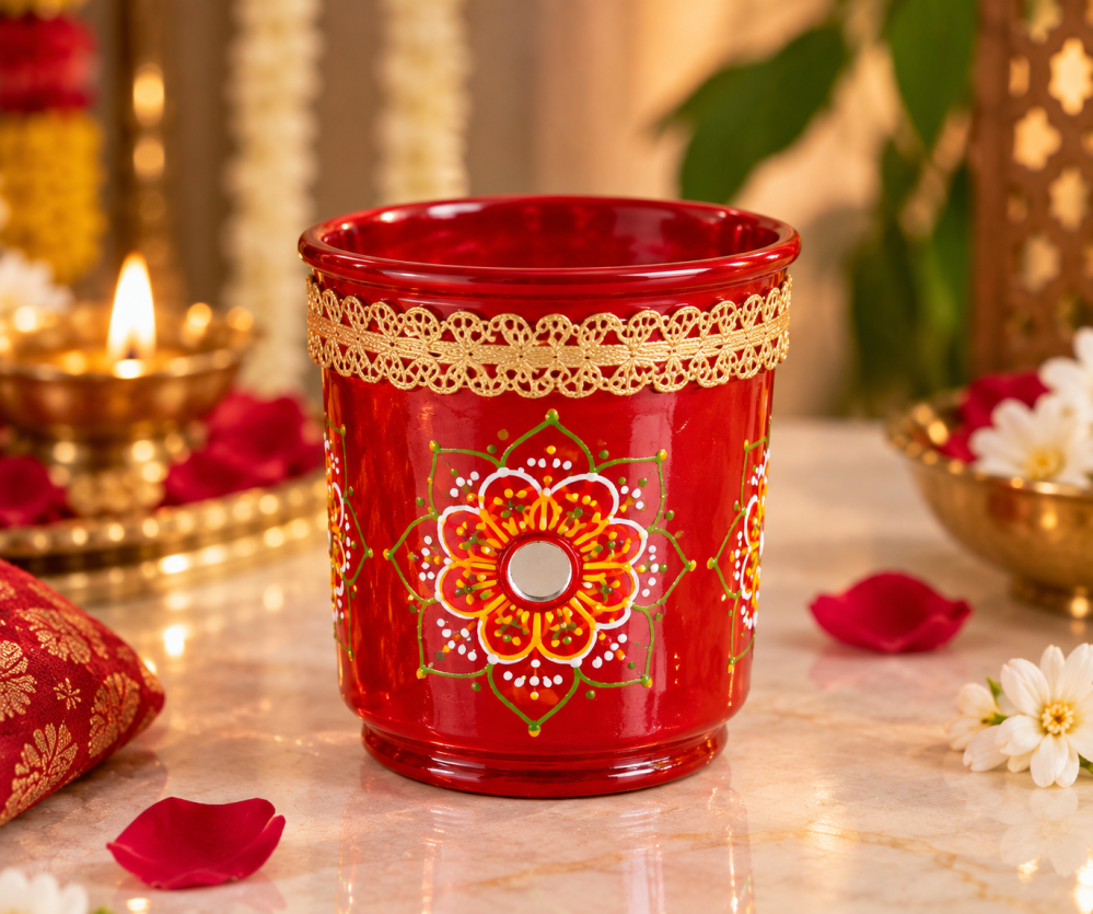 Hand-Painted Red Pooja Thali Set — view 5