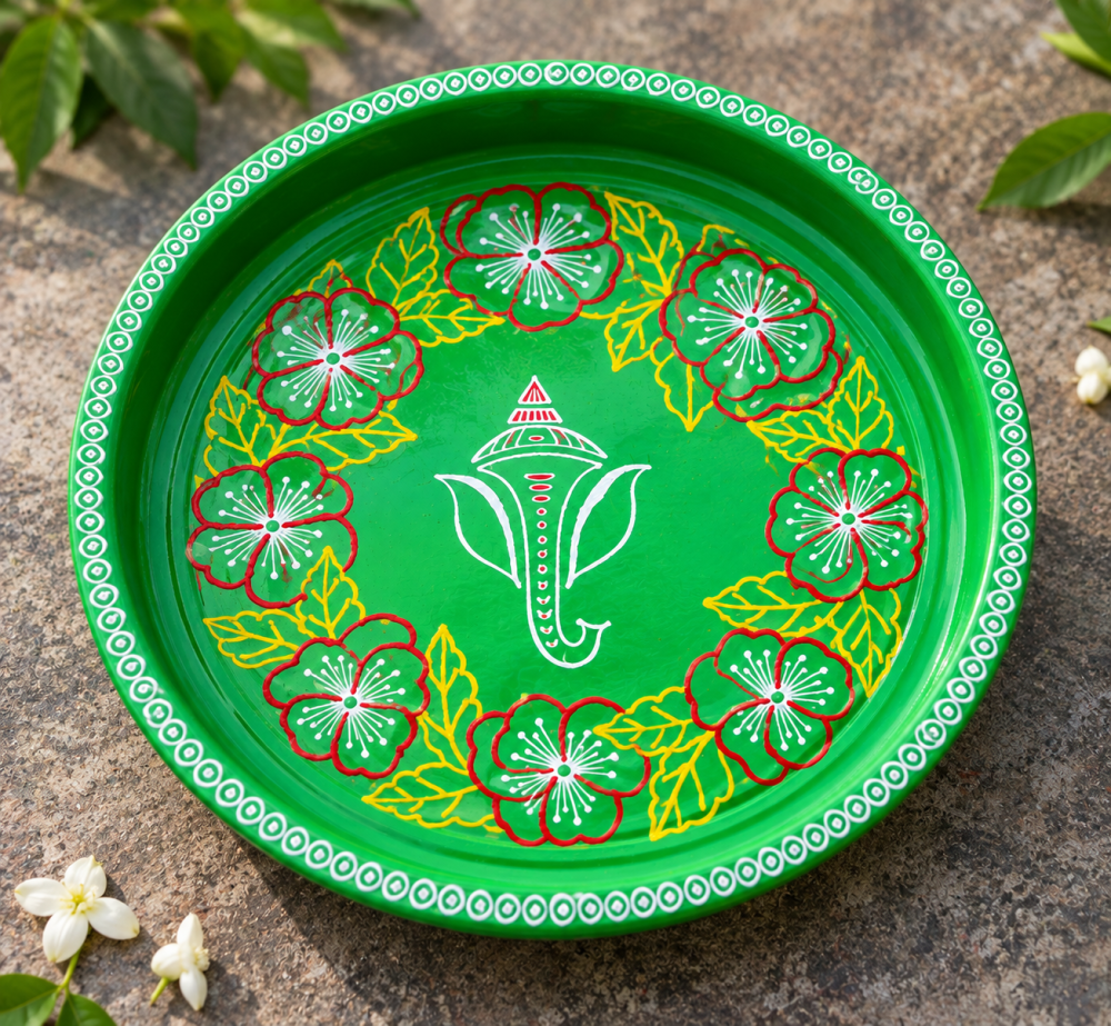 Hand-Painted Green Pooja Thali Set — view 3