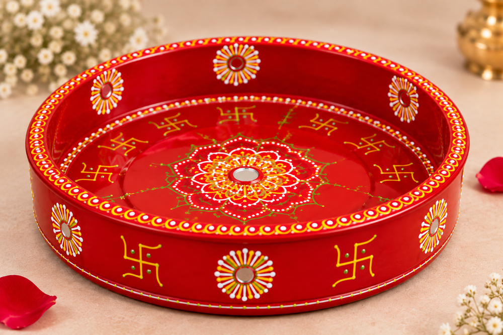 Hand-Painted Red Pooja Thali Set — view 4