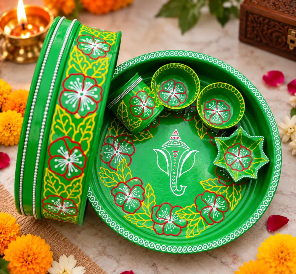 Hand-Painted Green Pooja Thali Set