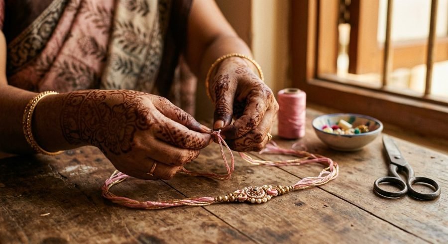 Artisan hands crafting a rakhi